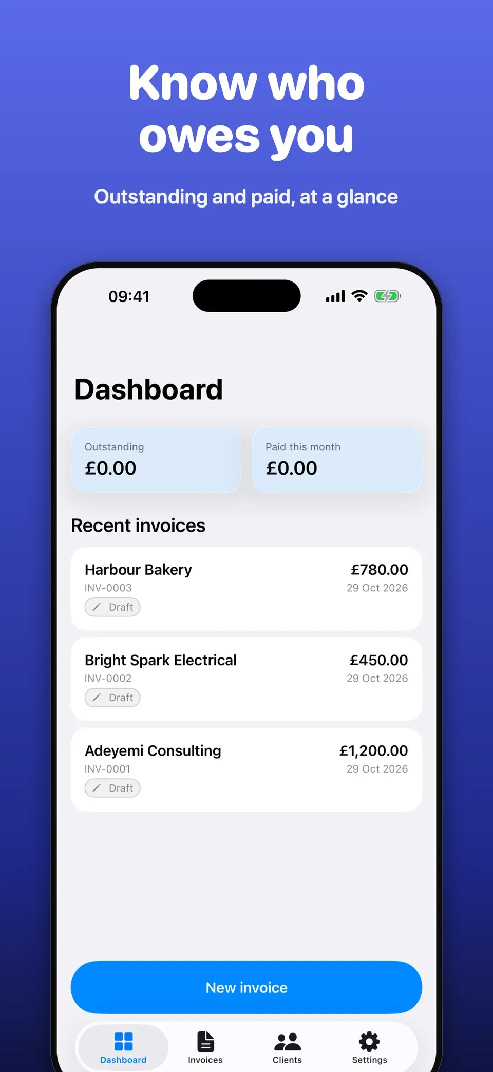 Safos iOS dashboard with outstanding and paid amounts and recent invoices.