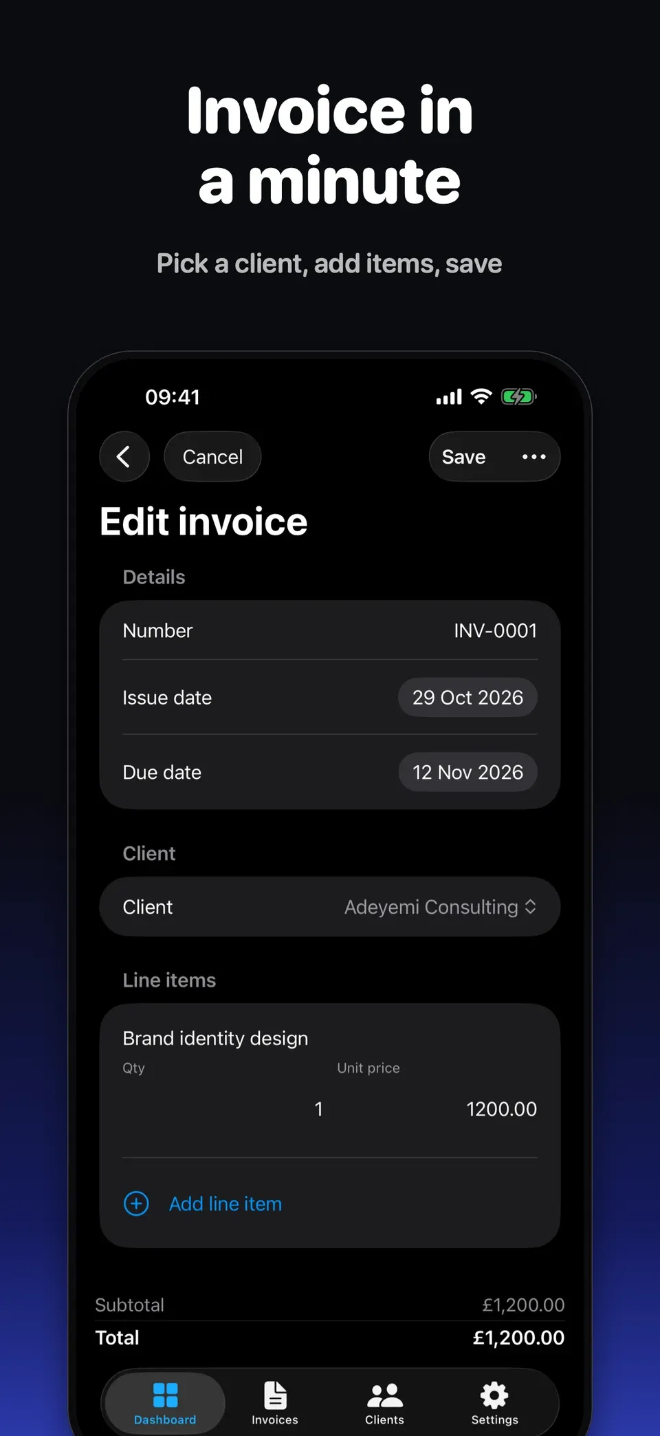 Safos iOS invoice editor with client and line item fields.