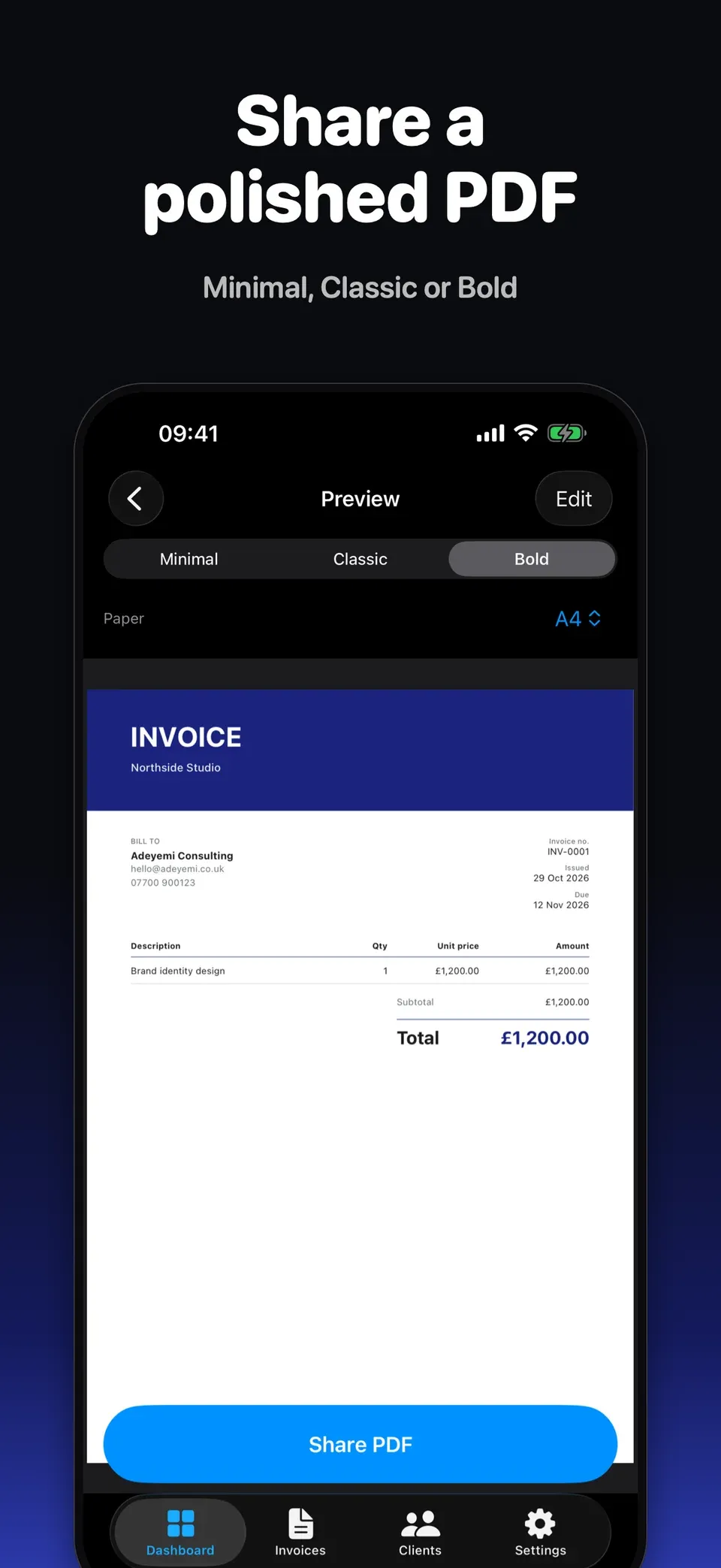 Safos iOS branded PDF invoice preview.