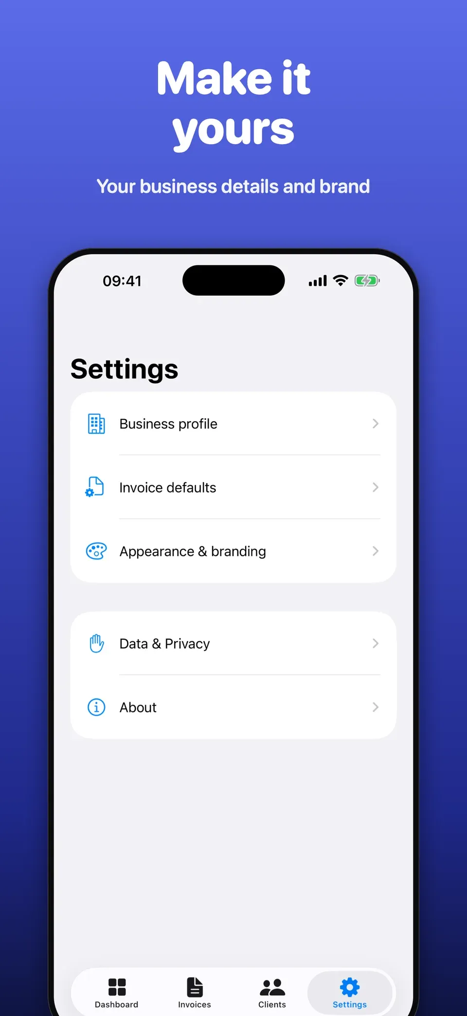 Safos iOS settings for business details and document branding.