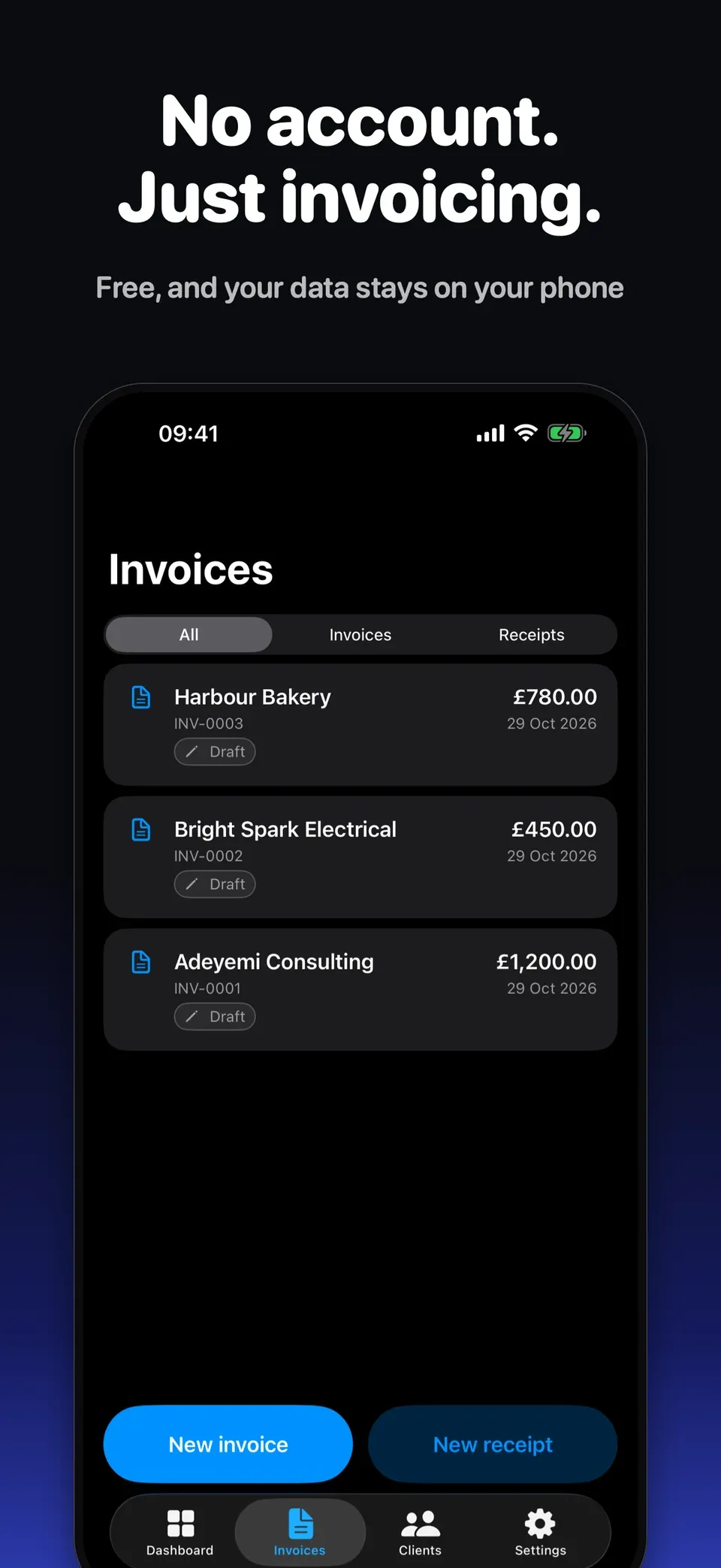 Safos iOS invoice list with document statuses.