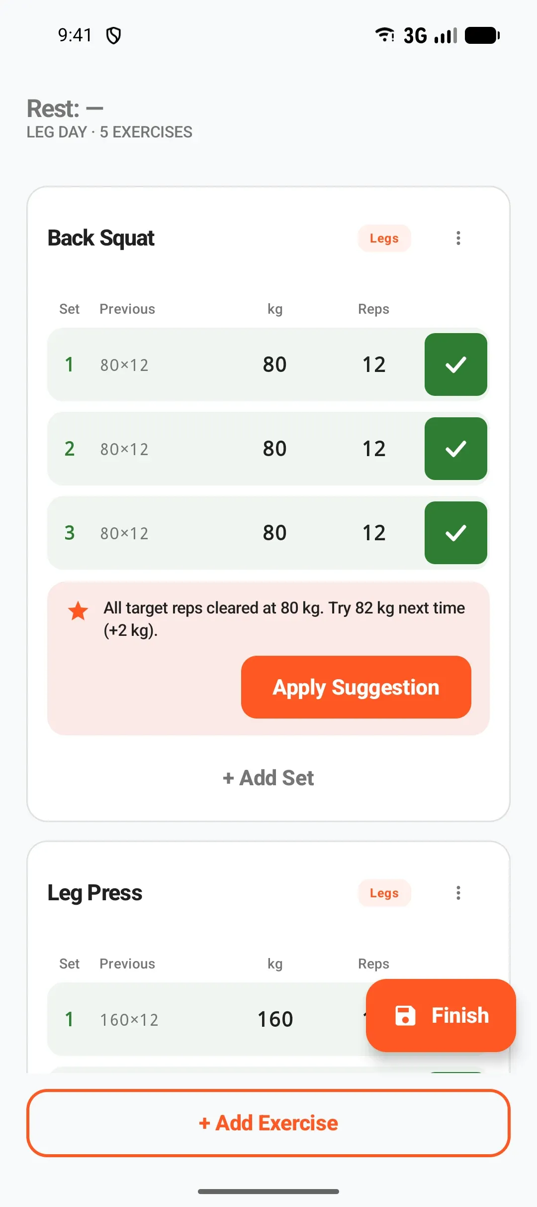 Metoni Android workout log with recorded squat sets and an Apply Suggestion button.