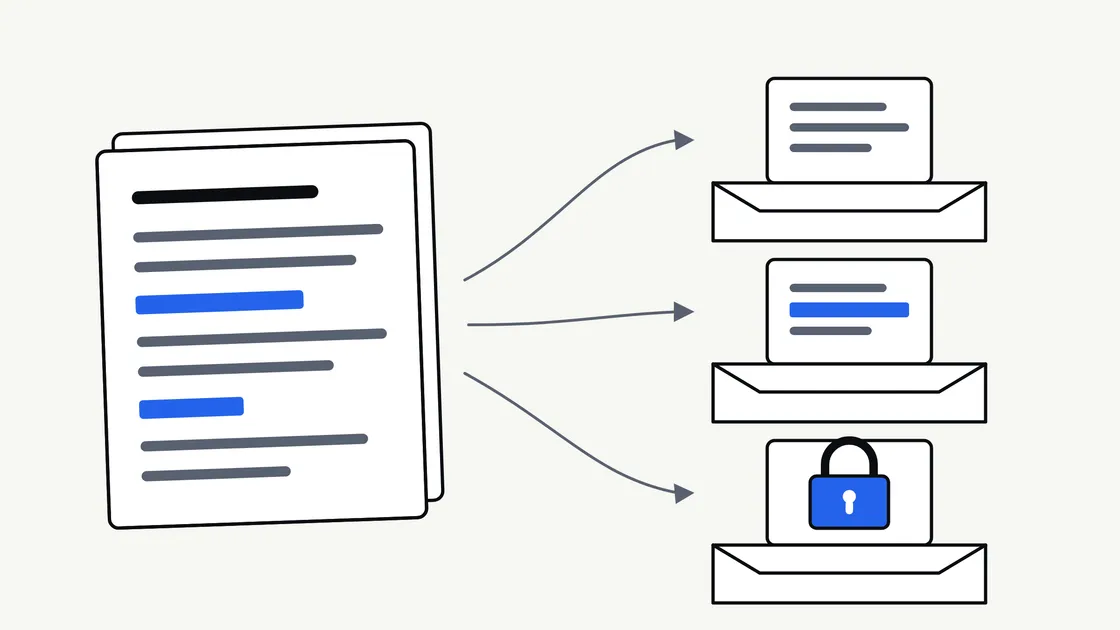 A flat illustration of a document being sorted into three trays, with one page partly covered by a blue redaction bar