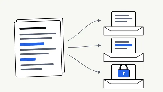 A flat illustration of a document being sorted into three trays, with one page partly covered by a blue redaction bar