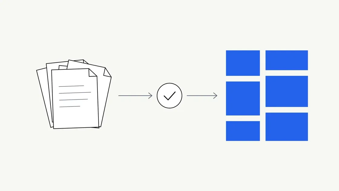 Business documents passing through a review checkpoint into six structured content outputs