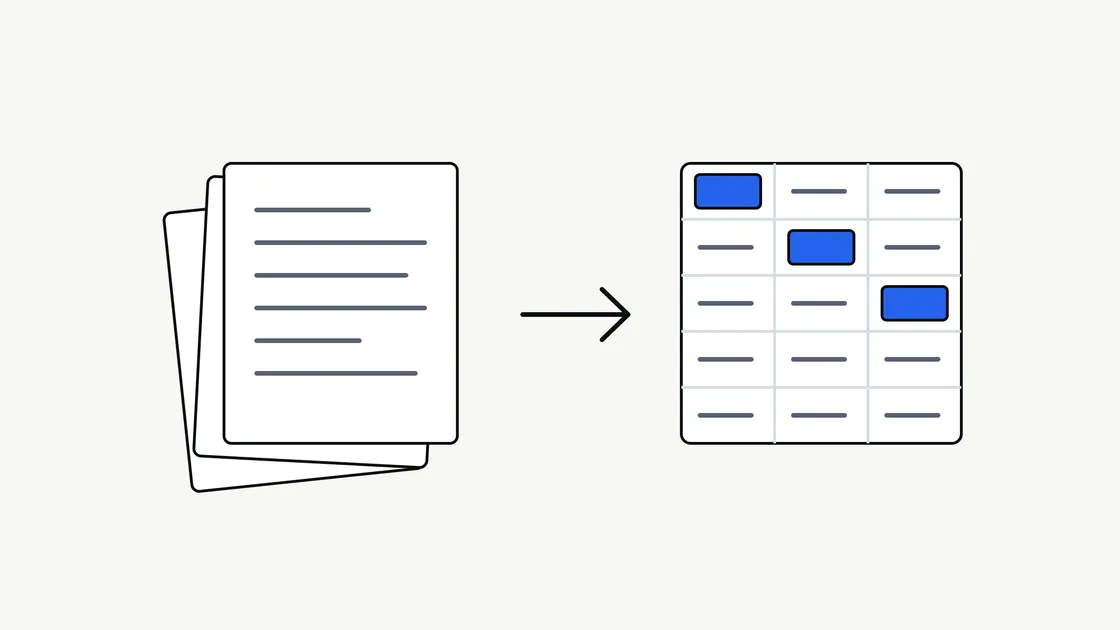 Flat illustration of a stack of white paper pages on the left, an arrow, and a tidy blue-accented grid of organised cells on the right