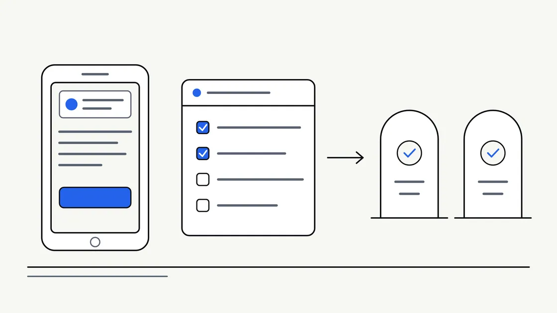 Flat vector illustration of a mobile phone beside a checklist and two review gates, representing app store submission preparation