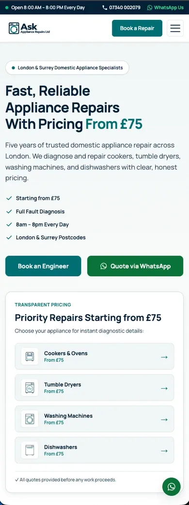 Mobile view of the Ask Appliance Repairs website showing its repair booking hero and service cards.