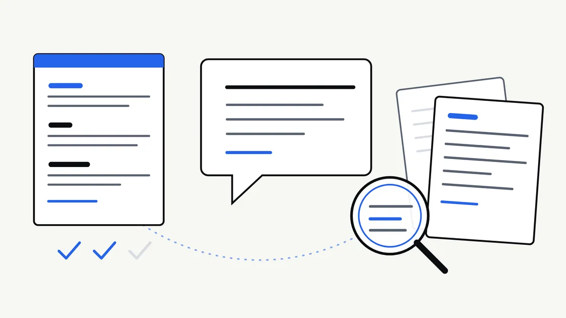 A flat vector illustration of a single page of written guidance beside three sample documents, with a magnifying glass comparing their wording