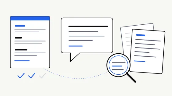 A flat vector illustration of a single page of written guidance beside three sample documents, with a magnifying glass comparing their wording