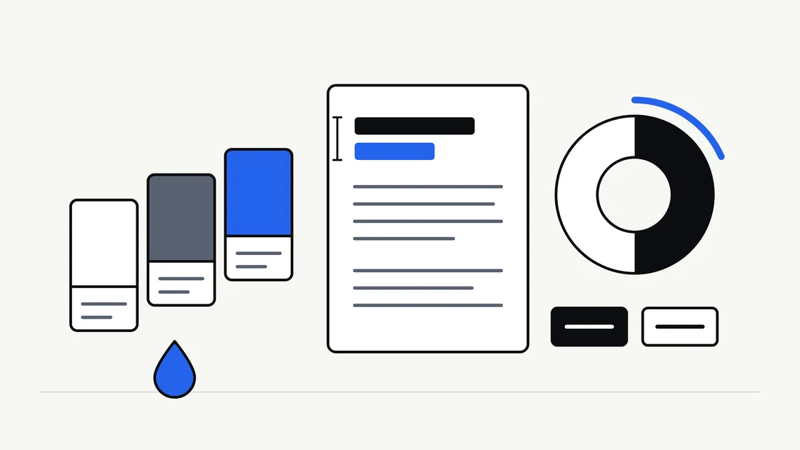 Flat illustration of a colour palette with swatch cards beside a type specimen sheet and a contrast checker dial