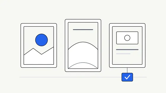 Flat illustration of three framed picture cards in a row on a wall, with a blue circle sun in the first, a hill shape in the second and a checkmark tag hanging from the third