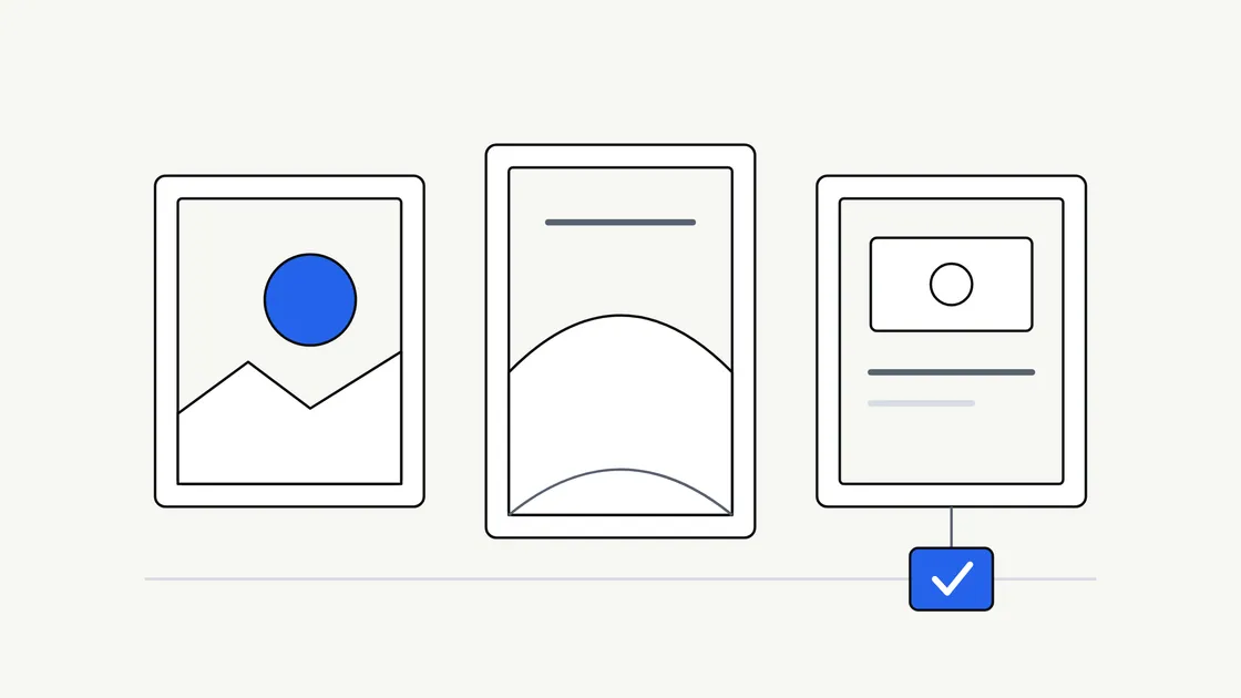 Flat illustration of three framed picture cards in a row on a wall, with a blue circle sun in the first, a hill shape in the second and a checkmark tag hanging from the third