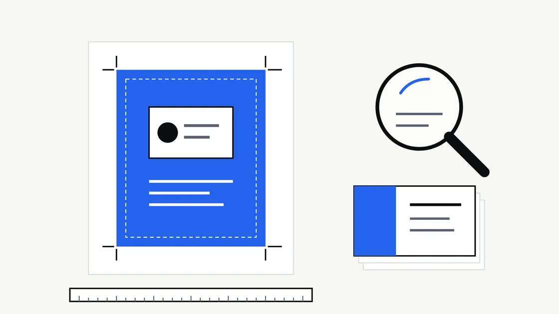 Flat illustration of a sheet of artwork with crop marks and a ruler beside a stack of trimmed cards and a magnifying loupe