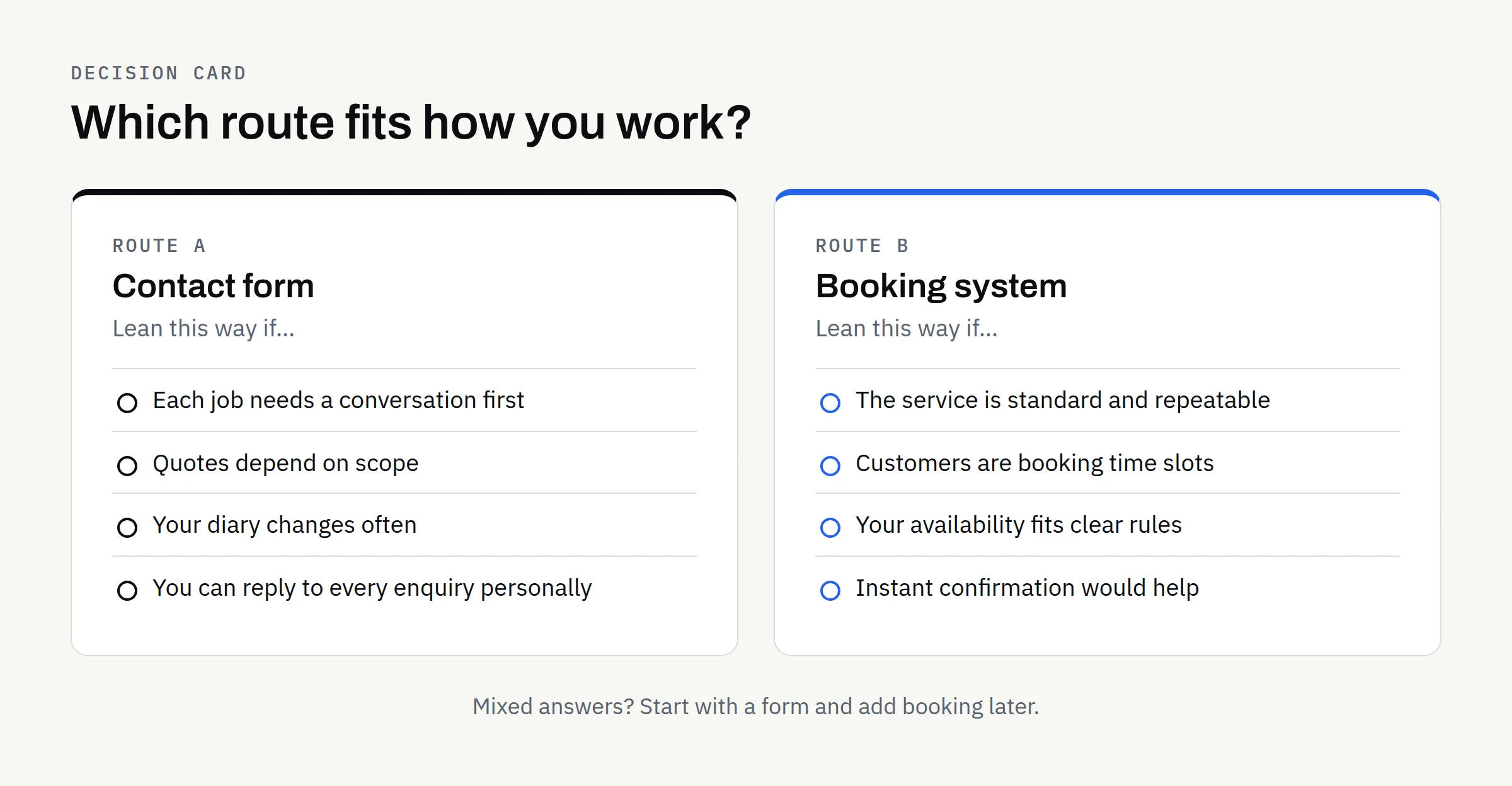 Comparison card showing a contact form route and a booking system route, with the questions that point towards each one