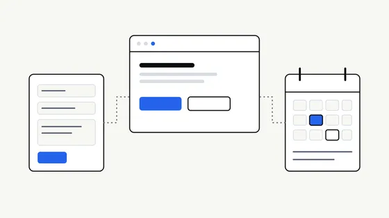 Illustration of a simple message form on the left and a calendar with time slots on the right, joined by a line to a single browser window