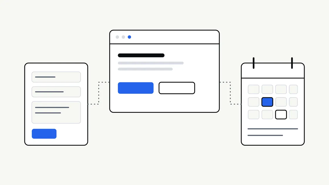 Illustration of a simple message form on the left and a calendar with time slots on the right, joined by a line to a single browser window