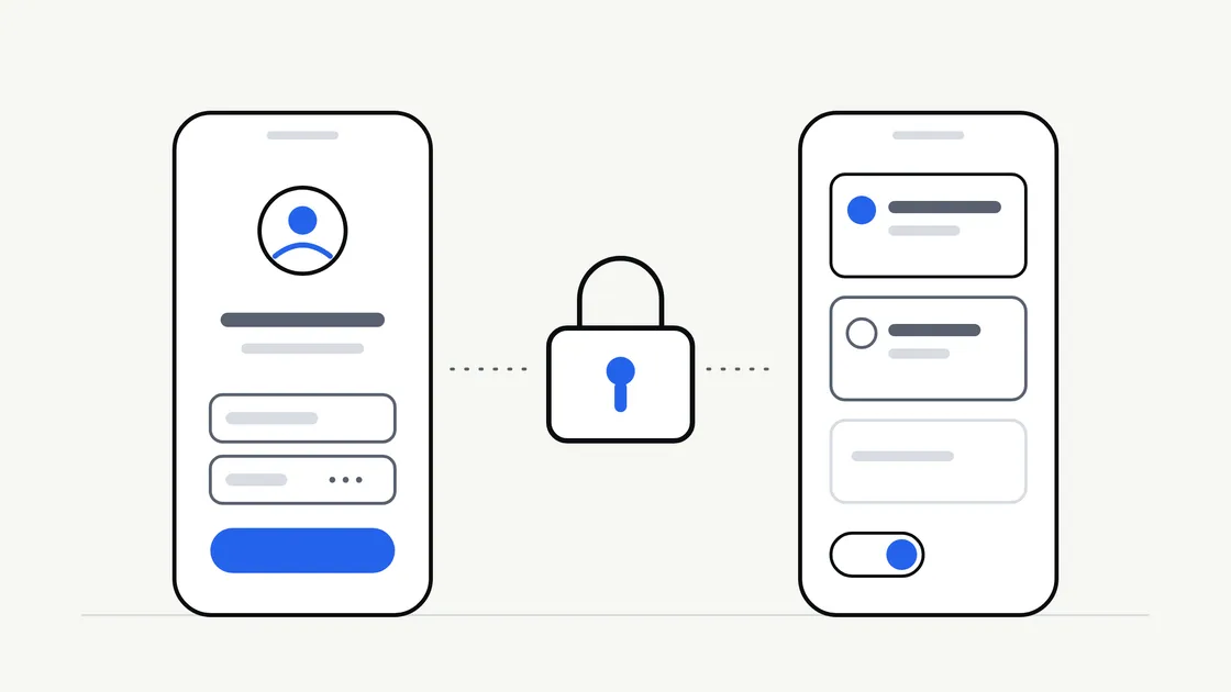 Flat vector illustration of a phone showing a simple profile card and a padlock, beside a second phone with open content cards and a blue switch