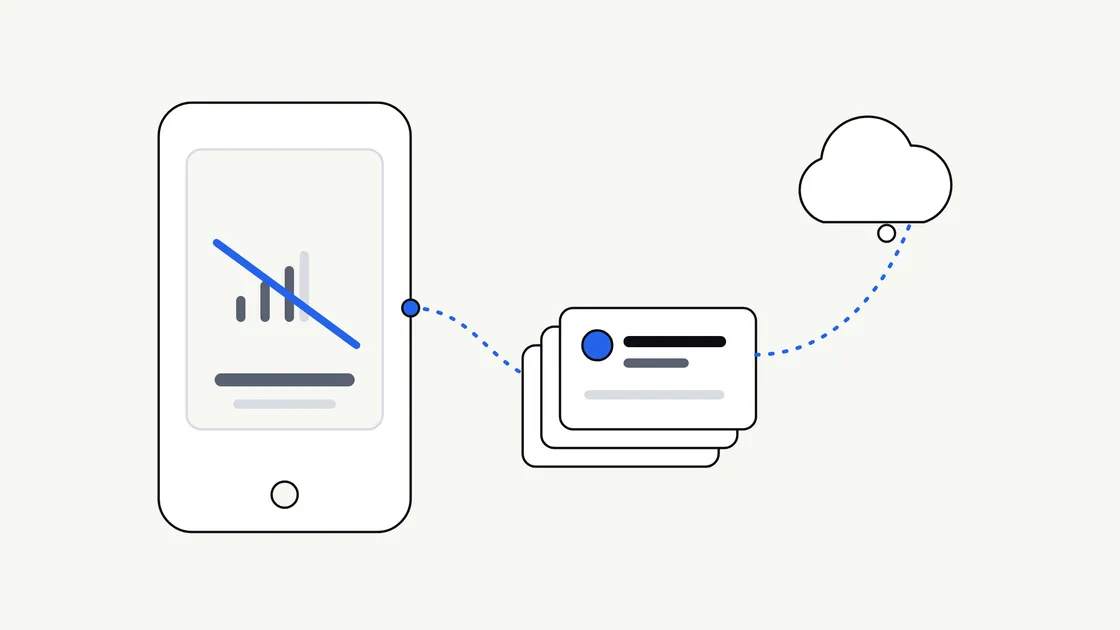 Illustration of a phone showing a broken signal symbol beside a stack of saved items and a cloud connected by a dotted line