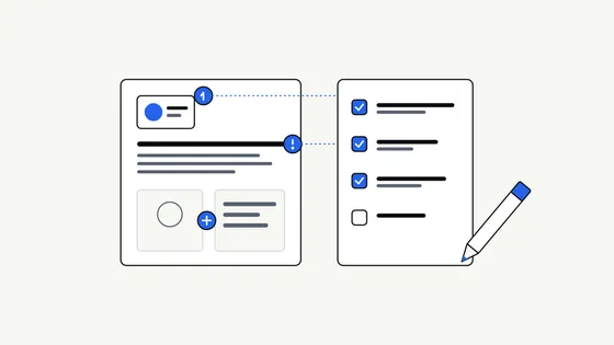 Flat illustration of a design page on the left with three blue numbered markers pointing to different parts of it, and a checklist card on the right with ticked and unticked lines