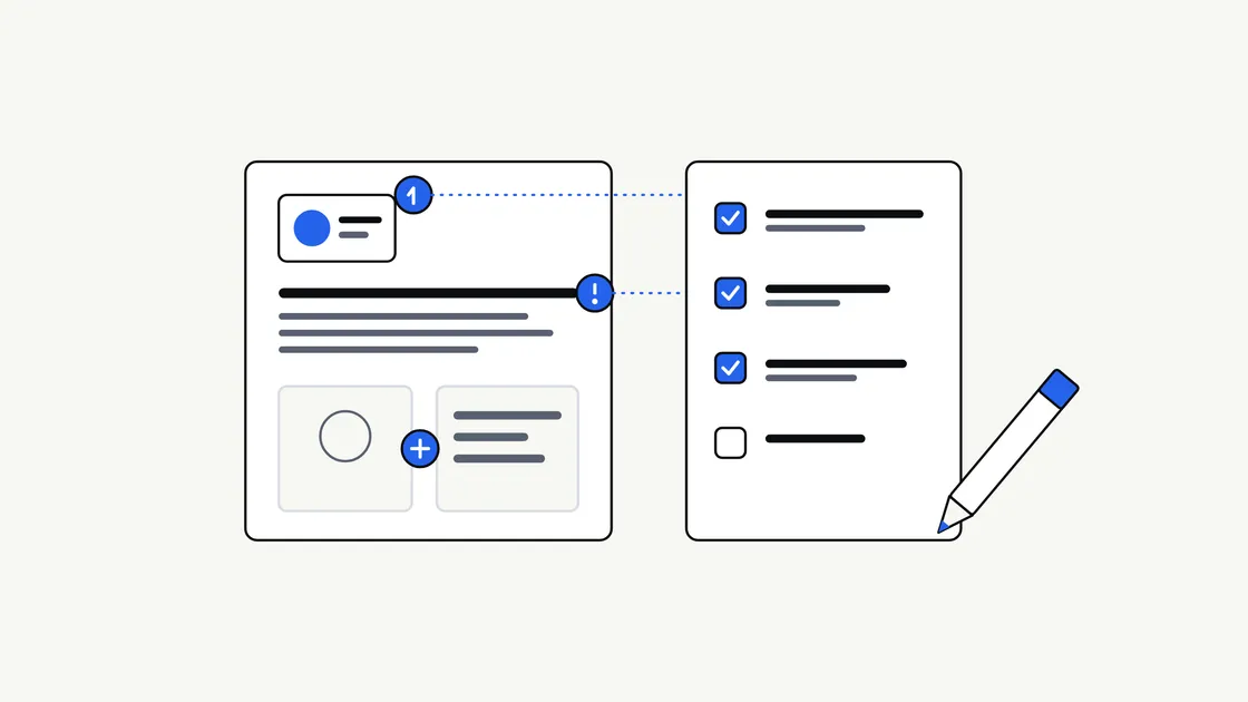 Flat illustration of a design page on the left with three blue numbered markers pointing to different parts of it, and a checklist card on the right with ticked and unticked lines