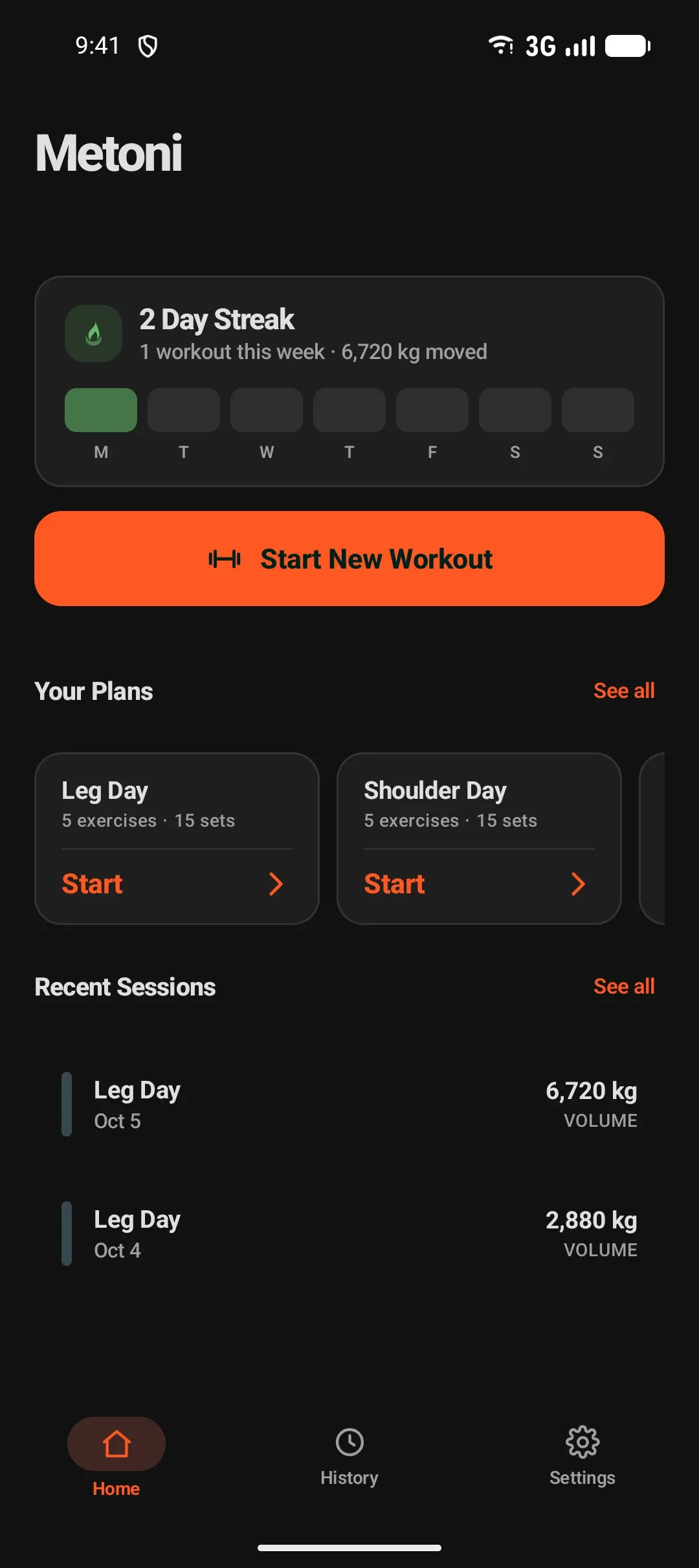 Metoni Android home screen in dark mode with weekly activity, plans and recent sessions.