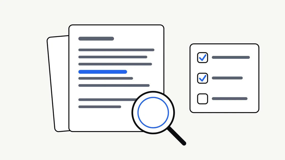 Flat illustration of a document page being checked against a marked-up list, with a magnifying glass and tick marks