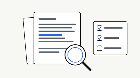 Flat illustration of a document page being checked against a marked-up list, with a magnifying glass and tick marks