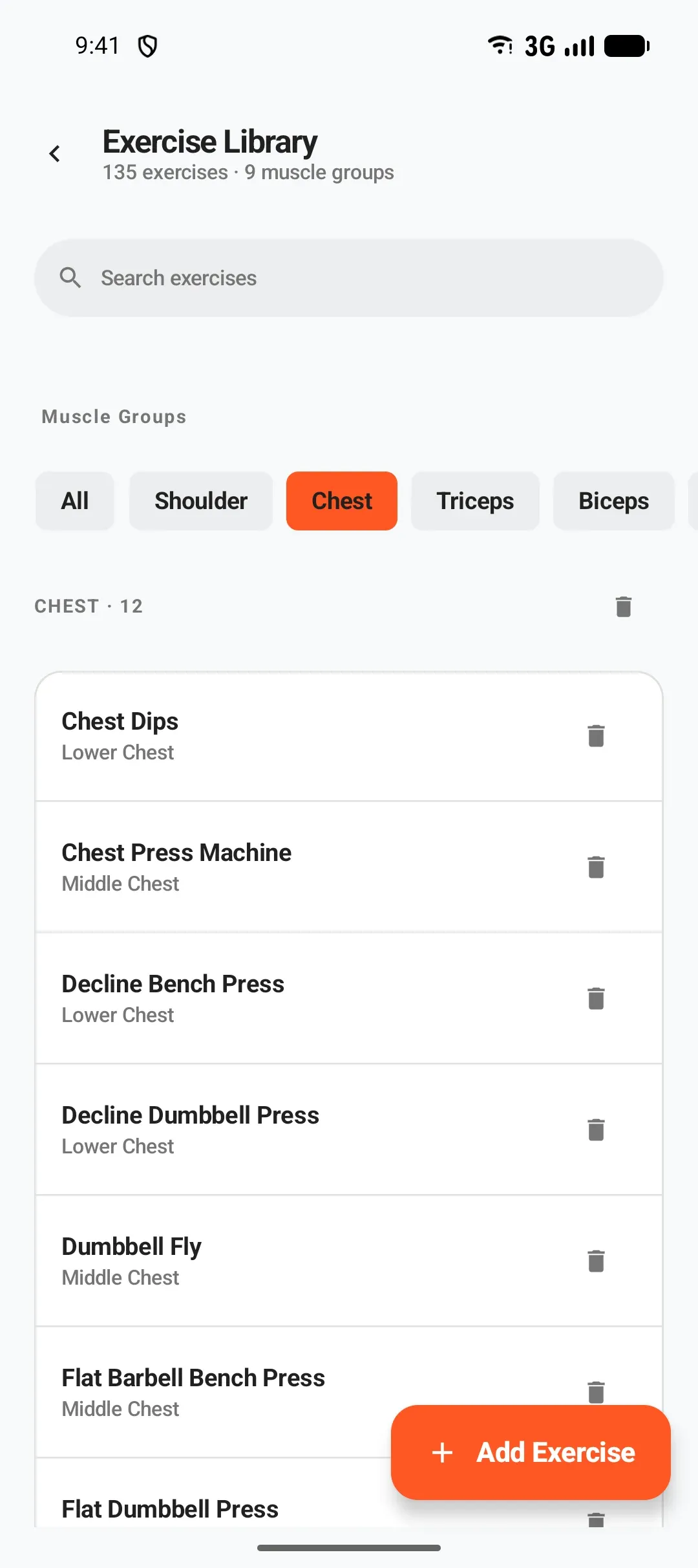 Metoni Android exercise library with muscle-group filters and an Add Exercise button.