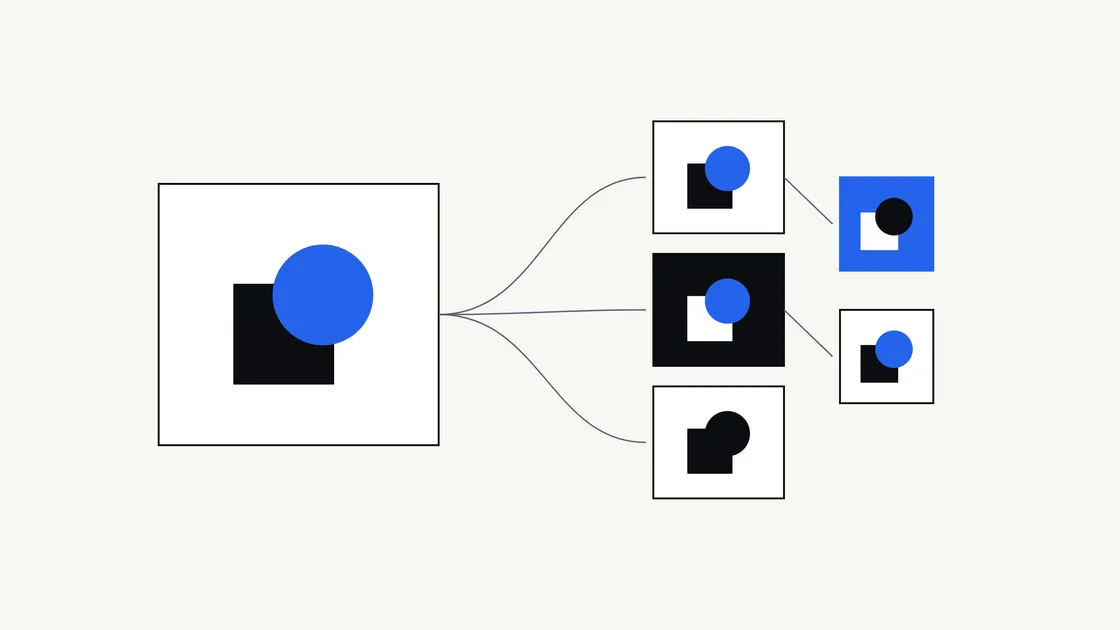 One simple mark shown as several files of different sizes and colour treatments, fanned out from a single source
