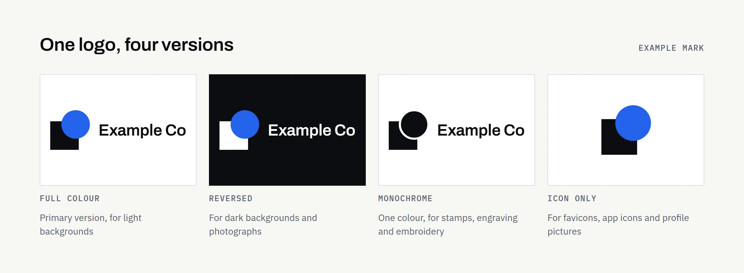 One example mark in four versions: full colour on a light background, reversed on a dark background, single-colour black, and an icon-only version