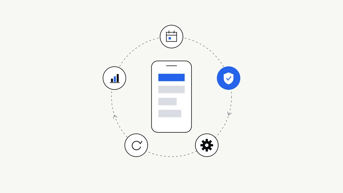 A smartphone at the centre of a loop of small maintenance tasks, with a calendar, a shield and a gear around it