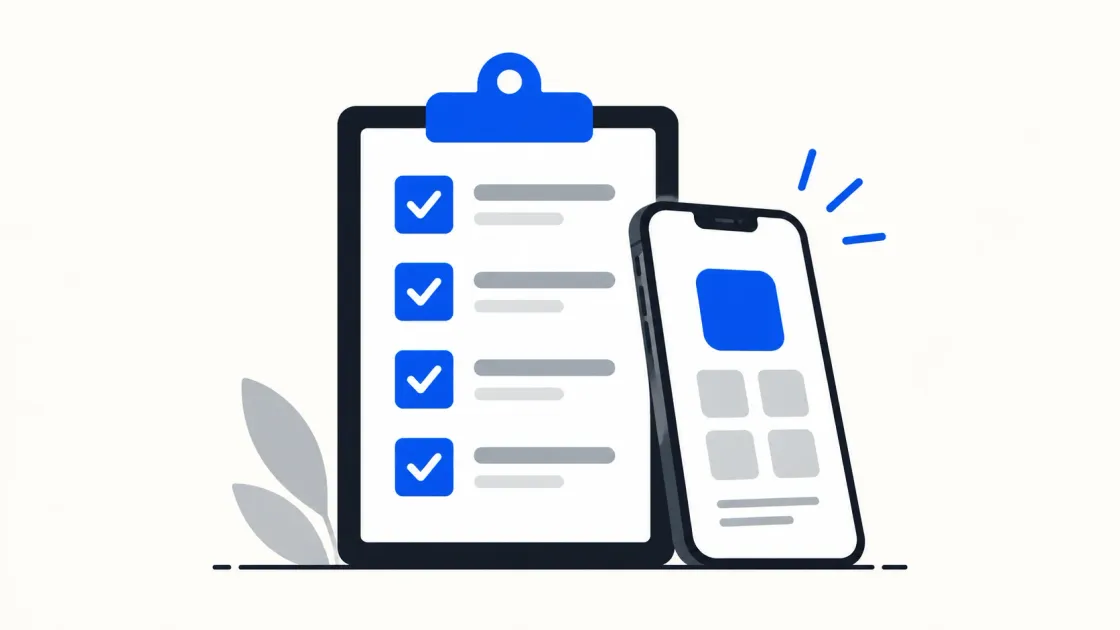 A mobile phone beside a completed project-planning checklist