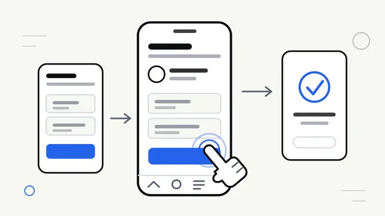 Flat vector illustration of a phone screen broken into simple interface blocks, with a hand tapping a button and arrows showing the path between screens