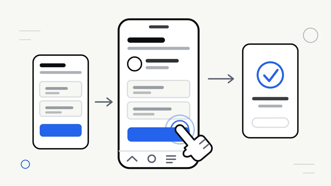 Flat vector illustration of a phone screen broken into simple interface blocks, with a hand tapping a button and arrows showing the path between screens