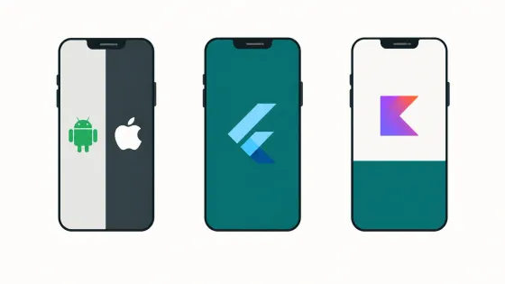 Three phones displaying Android and Apple, Flutter, and Kotlin logos.