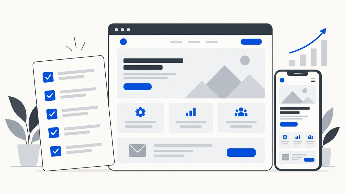 Illustration of a website layout, mobile preview and completed launch checklist