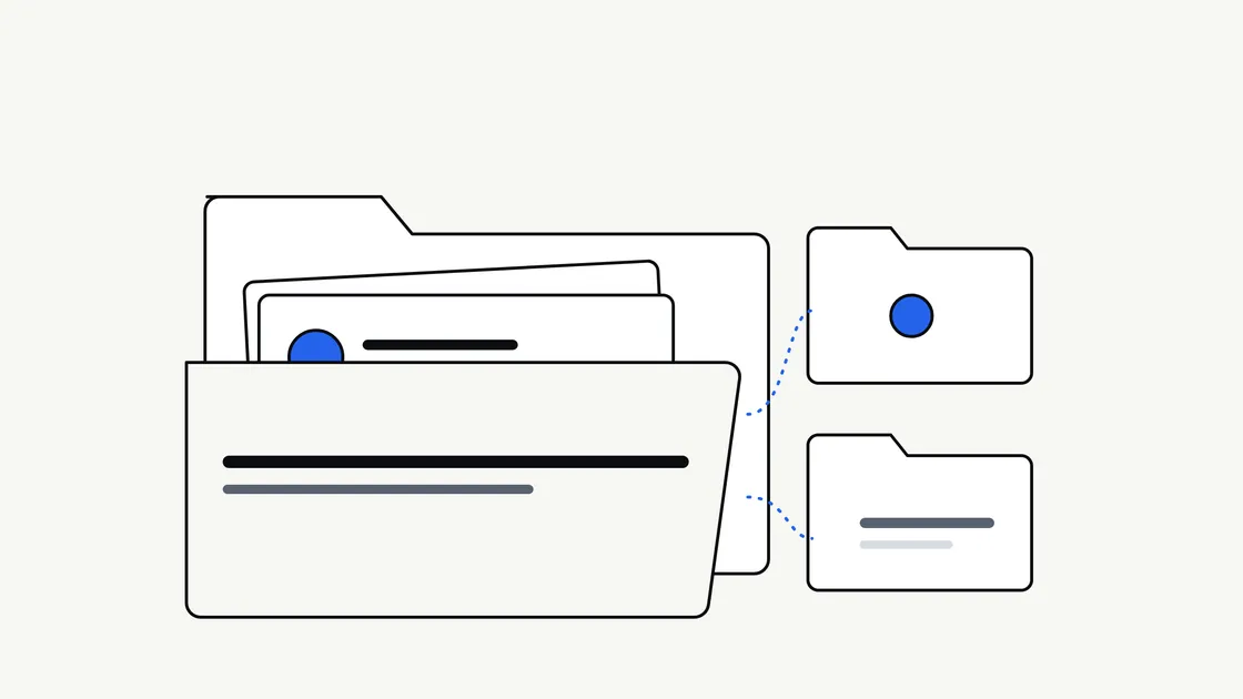 Flat illustration of a folder opening to reveal a tidy stack of file cards, with a smaller folder and a checklist card beside it