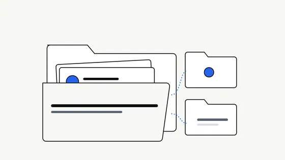 Flat illustration of a folder opening to reveal a tidy stack of file cards, with a smaller folder and a checklist card beside it