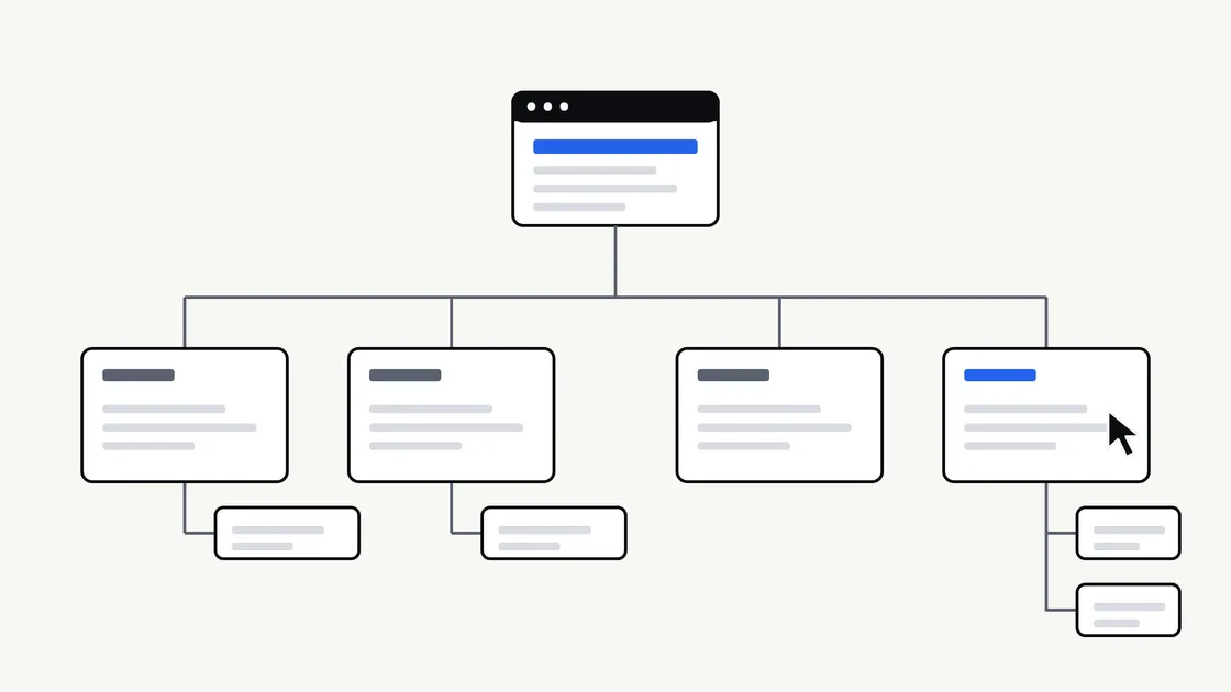 Illustration of a home page connected to four main page cards, with smaller supporting pages beneath some of them, representing a website structure