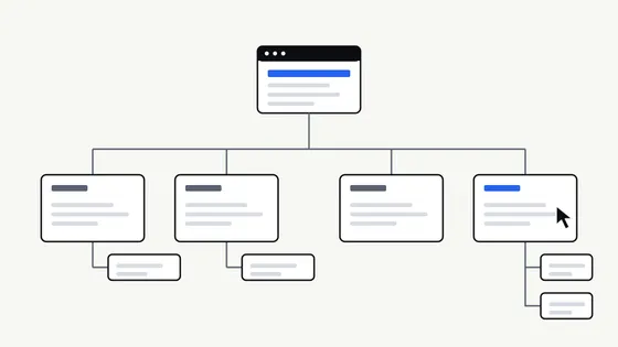 Illustration of a home page connected to four main page cards, with smaller supporting pages beneath some of them, representing a website structure