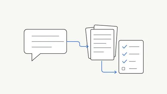 Flat illustration of a speech bubble connected to a stack of documents and a checklist card, with a blue accent line linking them