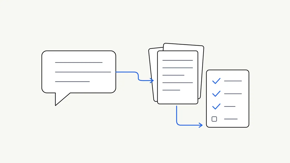 Flat illustration of a speech bubble connected to a stack of documents and a checklist card, with a blue accent line linking them