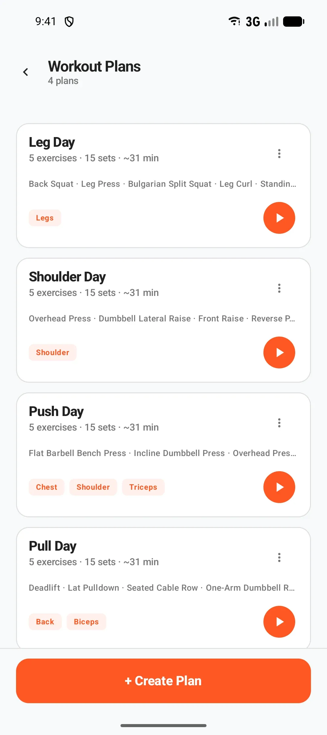 Metoni Android workout plans showing leg, shoulder, push and pull routines.