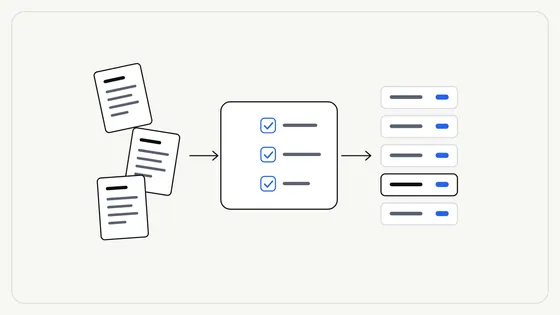 Flat illustration of scattered, skewed paper sheets passing through a checklist frame with blue ticks and emerging as a neat aligned stack of pages