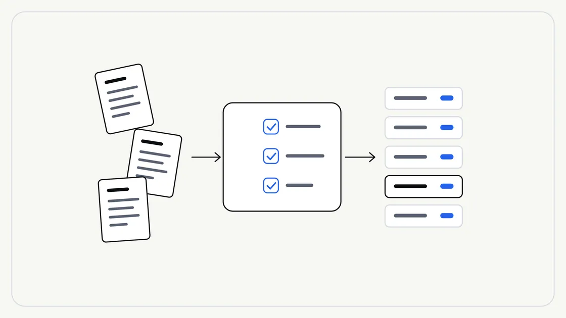 Flat illustration of scattered, skewed paper sheets passing through a checklist frame with blue ticks and emerging as a neat aligned stack of pages