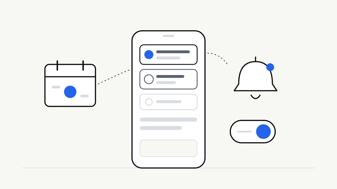 Flat vector illustration of a phone with a few calm notification cards above it, one marked with a blue dot, beside a small bell and a toggle switch turned on