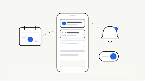 Flat vector illustration of a phone with a few calm notification cards above it, one marked with a blue dot, beside a small bell and a toggle switch turned on