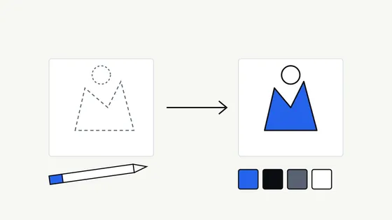 Flat illustration of a dashed rough sketch of a shape on the left and a clean solid blue version on the right, with a pencil and four colour swatches below