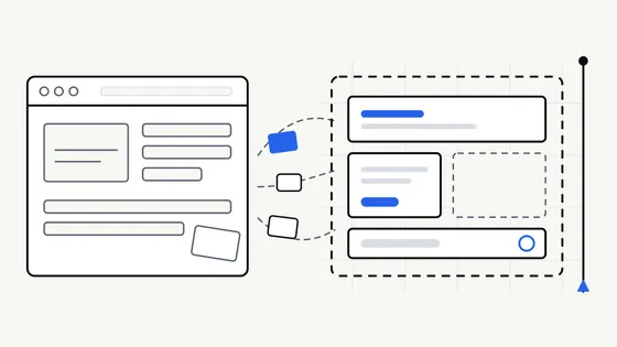 Flat vector illustration of an old browser window beside a partly assembled new one, with blocks moving across to a fresh layout grid